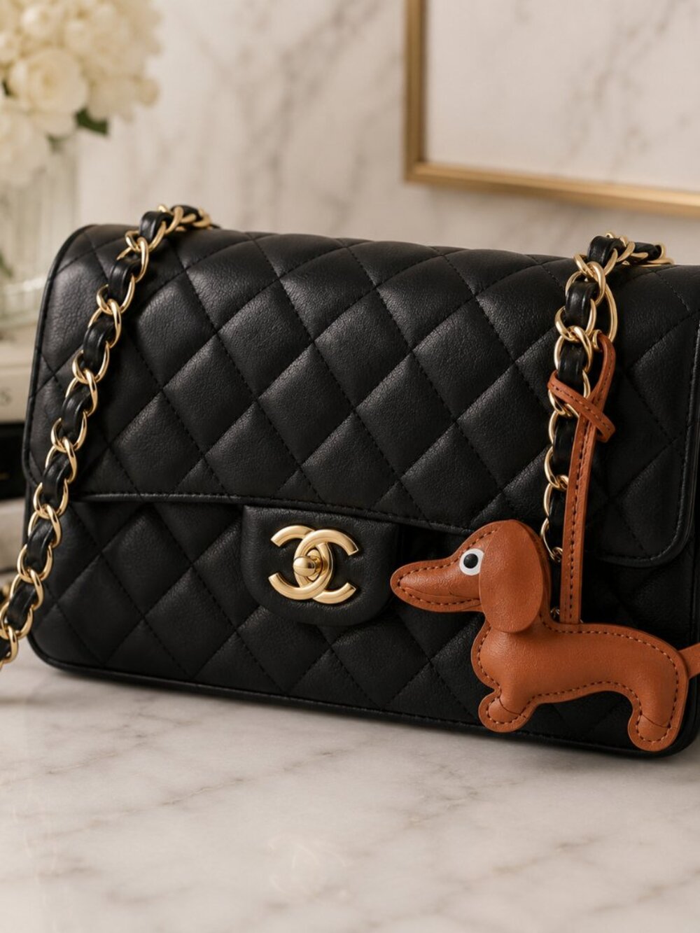 Dachshund Leather Bag Charm Dog Keychain Purse Accessory Doxie Brown - Picture 5 of 7